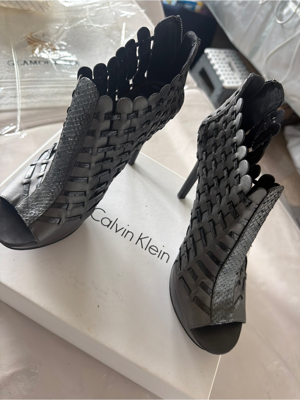 Calvin Klein Black Woven Peep-Toe Stiletto Booties